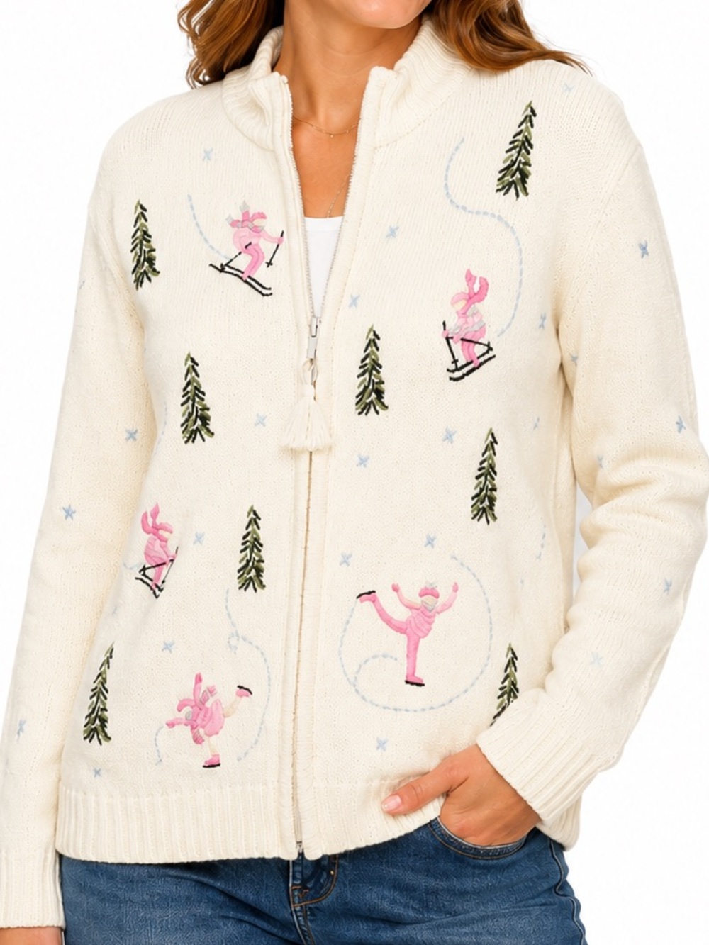 Vintage Crystal-Kobe Embroidered Ski Sweater Cardigan XL 90s Alpine Winter Full